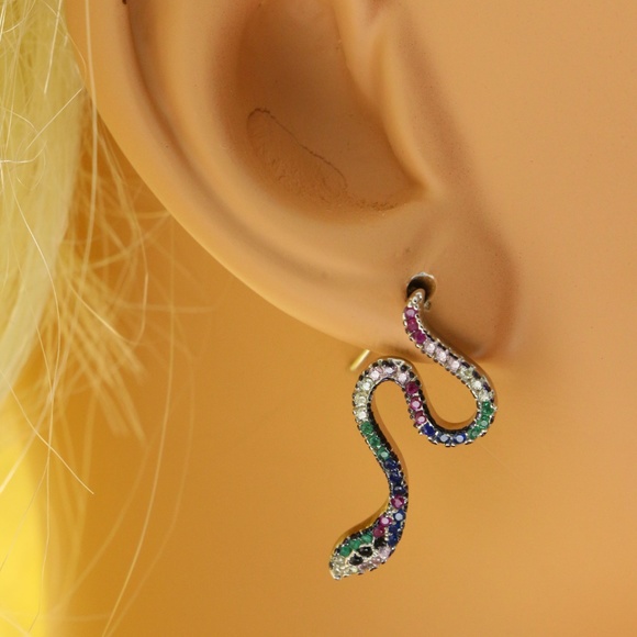 CZ Snake Dangle-Earrings Silver & Multicolor NWT - Picture 2 of 4